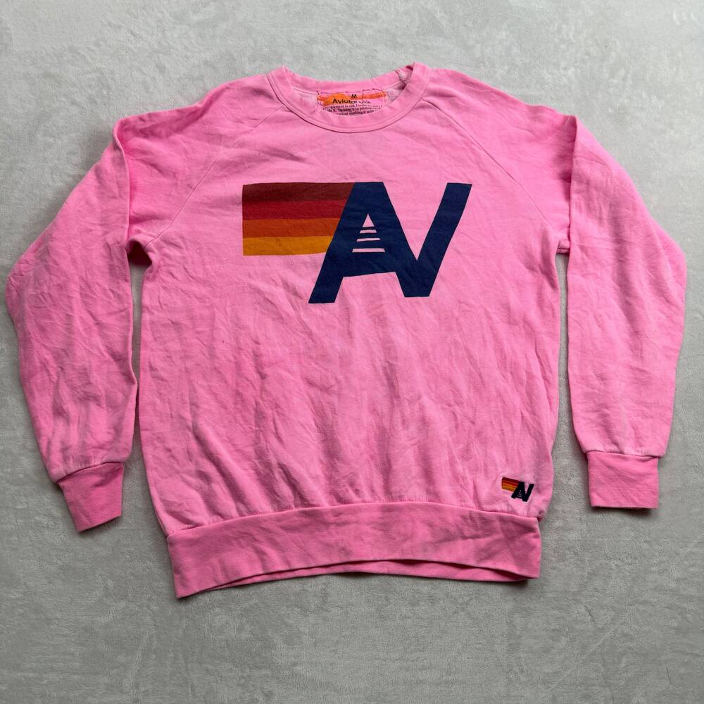 Aviator Nation Women's Sweatshirt Pink Size M Rainbow Logo Pullover Made in USA